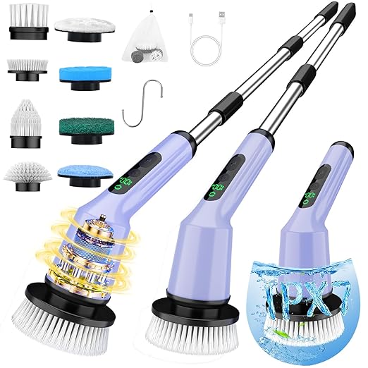 Electric Spin Scrubber, Waterproof Cordless Bathroom Shower Cleaner Brush | 8 Replaceable Brush Heads, 90Mins Runtime, 4 Adjustable Size, 2 Speeds for Shower Bathroom Bathtub Toilet Kitchen Glass Car