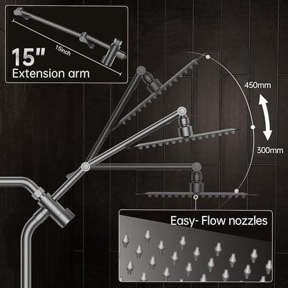 Veken All Metal 10" Luxurious Gray Rain Shower Heads with Handheld Spray | Dual High Pressure Shower Head,Square Detachable Rainfall Showerhead with Extension Arm,Regaderas Para Shower,Ducha Para Baño