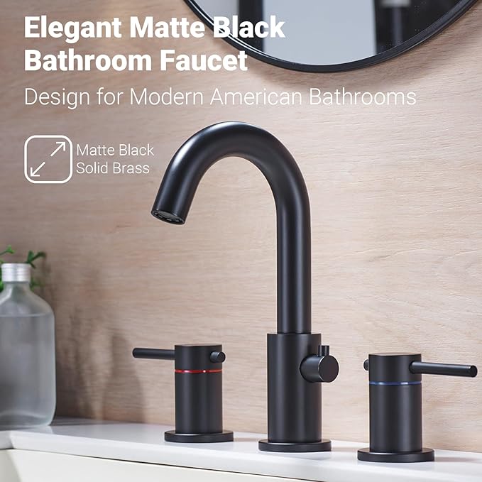Bathroom Faucet 3 Hole Matte Black - Flow-Setting 8 Inch Widespread Bathroom Sink Faucet with 360° Swivel Spout for Small Vanity, with Overflow Pop Up Drain and cUPC Waterlines