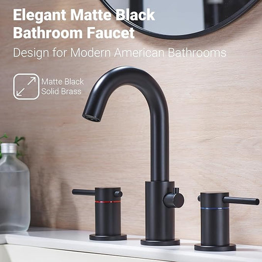 Bathroom Faucet 3 Hole Matte Black - Flow-Setting 8 Inch Widespread Bathroom Sink Faucet with 360° Swivel Spout for Small Vanity, with Overflow Pop Up Drain and cUPC Waterlines