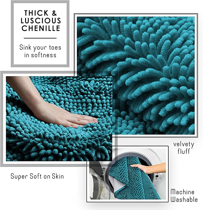 Hearth & Harbor Bathroom Rugs, Chenille Bath Mat - Machine Washable Bath Mats for Bathroom Non-Slip Backing Rubber, Quick Dry Bathroom Mat - Teal Blue 17x24-20x24