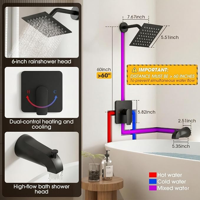 Shower Faucet Set Bathtub Faucet Set with Valve Included Shower Valve Kit with All-Metal High Flow Tub Spout,6 Inch High Pressure Head,Solid Brass Valve Body and Metal Handle Trim,Black