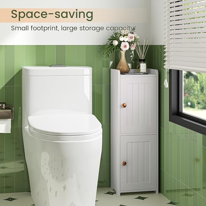 Snughome Bathroom Storage Cabinet, Small Bathroom Cabinet with 2 Doors & Adjustable Shelf, Narrow Toilet Paper Cabinet for Small Spaces, White, 7.9" D x 9.8" W x 29.5" H