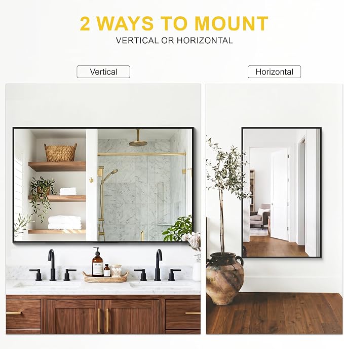 Bathroom Mirror for Wall, 48"x30" Black Vanity Mirror | Sturdy Rectangular Metal Frame, HD Tempered Glass, Hangs Horizontally or Vertically in Bedroom, Living Room, Entryway