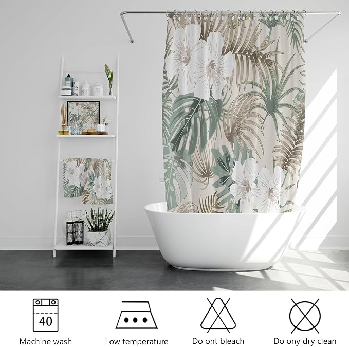 Tropical Shower Curtain for Bathroom, Green Palm Tree Flower Plant Boho Leaf Banana Monstera Sage Beige Shower Curtains Set, Fabric Bathroom Accessories with Hooks