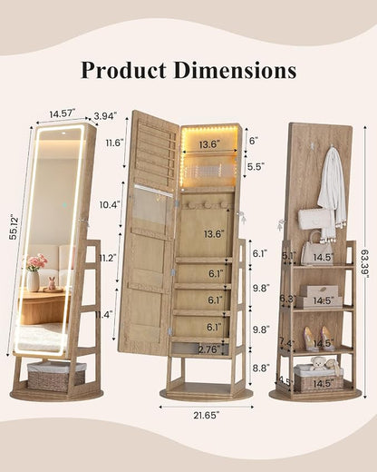 LVSOMT Standing Jewelry Cabinet Mirror with Adjustable LED Light Wood | 63" Lockable Jewelry Armoire Organizer with 4 Rear Shelves & Hooks, 360° Swivel, for Bedroom, Living Room, Women Girls Gift