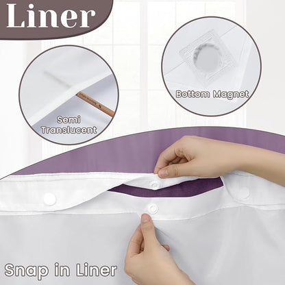 SORTTO No Hook Slub Shower Curtain with Liner, 71x74, Purple | Snap in Liner, 3 in 1, Bamboo Texture, Hotel Style, Waterproof Fabric, Mesh Top Window, Corner Magnets, Machine Washable