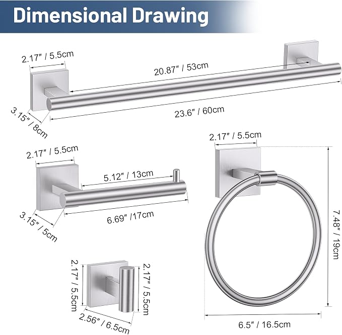 TURS 5-Pieces Brushed Nickel Bathroom Hardware Set 23.6 Inch SUS304 Stainless Steel Towel Bar Set Wall Mounted Bathroom Accessories Set