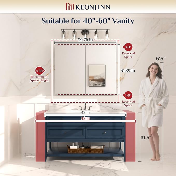 Keonjinn 40" x 32" Large White Medicine Cabinet Mirror, HD Tempered Glass | Assembly Needed, Freely Adjustable Shelves, Recessed or Wall-Mounted, Soft Close with DTC Hinges, Lightweight Aluminum Frame