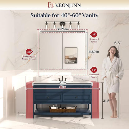 Keonjinn 40" x 32" Large White Medicine Cabinet Mirror, HD Tempered Glass | Assembly Needed, Freely Adjustable Shelves, Recessed or Wall-Mounted, Soft Close with DTC Hinges, Lightweight Aluminum Frame