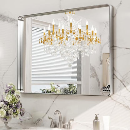 LOAAO 40X24 Inch Brushed Nickel Bathroom Mirror | Rounded Rectangle, Silver Metal Frame, Anti-Rust, Hangs Horizontally or Vertically