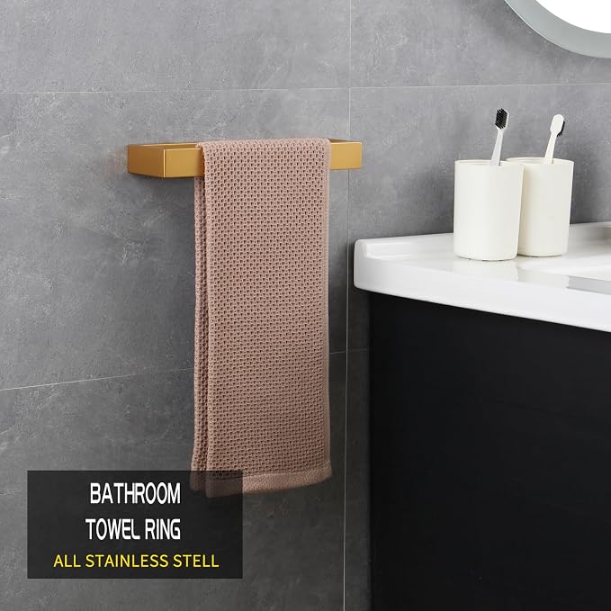 GERZWY Bathroom 2-Piece Accessory Set Gold Stainless Steel Toilet Paper Holder Towel Ring Wall Mount