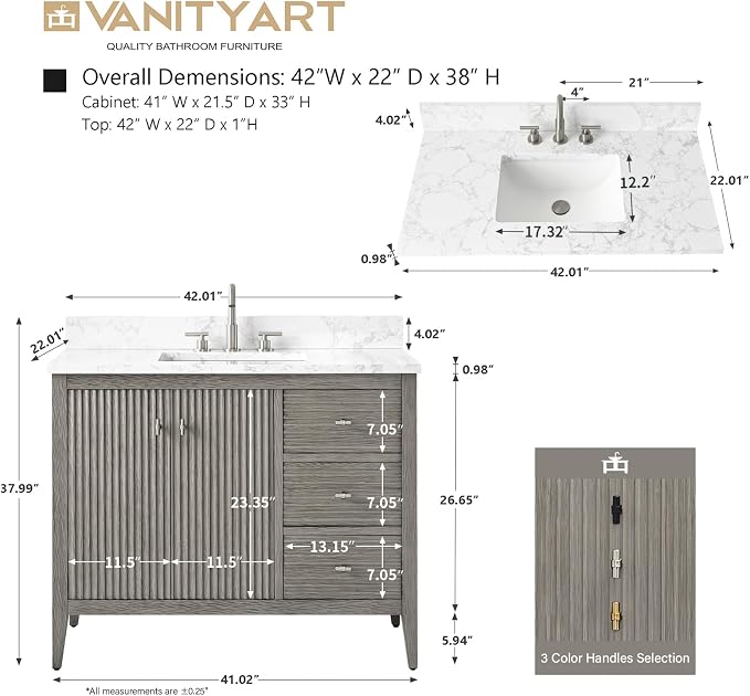 Vanity Art 42 inch Bathroom Vanity with Single Sink & Ceramic Top, Vanity Cabinet with Soft-Closing Door, Solid Wood Frame, Linear Pattern, Driftwood Gray, Golden Brushed Handware VA9142-DG-GB
