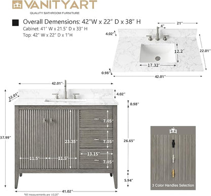 Vanity Art 42 inch Bathroom Vanity with Single Sink & Ceramic Top, Vanity Cabinet with Soft-Closing Door, Solid Wood Frame, Linear Pattern, Driftwood Gray, Golden Brushed Handware VA9142-DG-GB