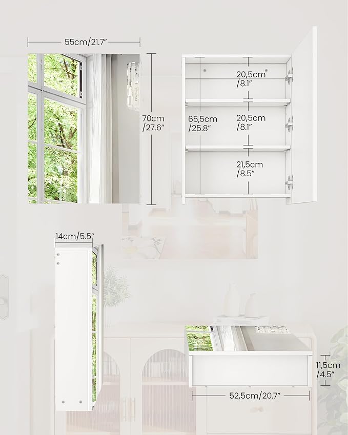 CHOEZON Bathroom Medicine Mirror Cabinet, 21.7'' x 27.6'', Wall-Mounted Bathroom Vanity with Mirror, Bathroom Medicine Cabinet with Storage Function, Hanging Storage Cabinet, Adjustable Shelves, White