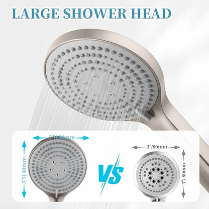 OFFO Handheld Shower Head Set, 6-Mode Brushed Nickel High Pressure Handheld Sprayer with 60" Stainless Steel Shower Hose, High Flow Large Powerful Boosting Handheld Showerhead for Low Water Pressure