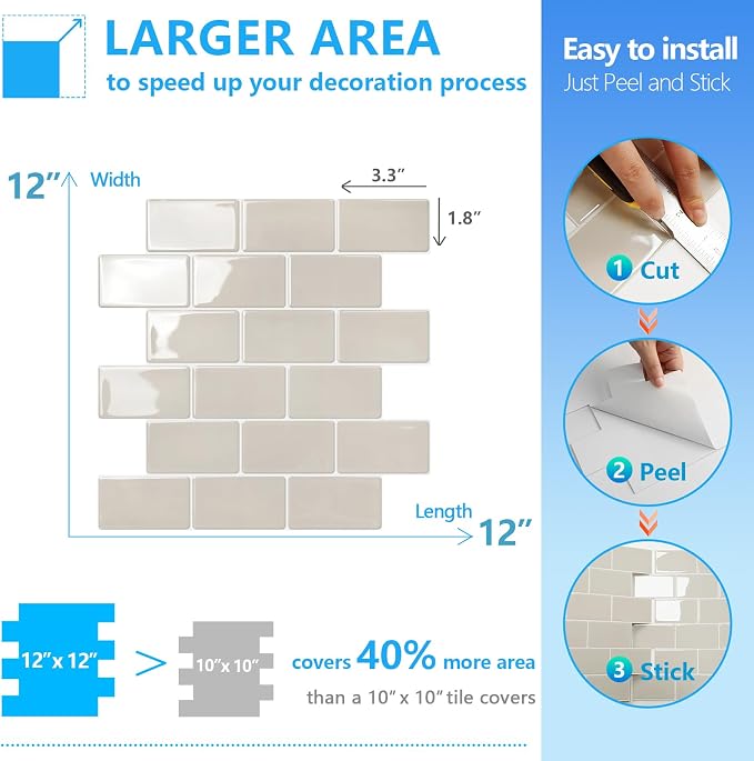 STICKGOO Subway Tile Peel and Stick Backsplash, Thicker Design 12" x 12" Stick on Backsplash Tiles for Kitchen, Bathroom, Wall Tile (10 Sheets, Light Gray Beige)