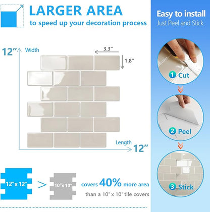 STICKGOO Subway Tile Peel and Stick Backsplash, Thicker Design 12" x 12" Stick on Backsplash Tiles for Kitchen, Bathroom, Wall Tile (10 Sheets, Light Gray Beige)
