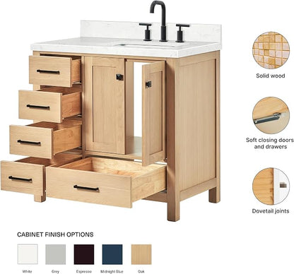 ARIEL Cambridge 36-inch Bathroom Vanity with Sink,Solid Wood, 1.5-inch Carrara White Quartz Countertop, Single Rectangular Porcelain Sink, 2 Soft Closing Doors, 5 Dovetail Drawers, White Oak
