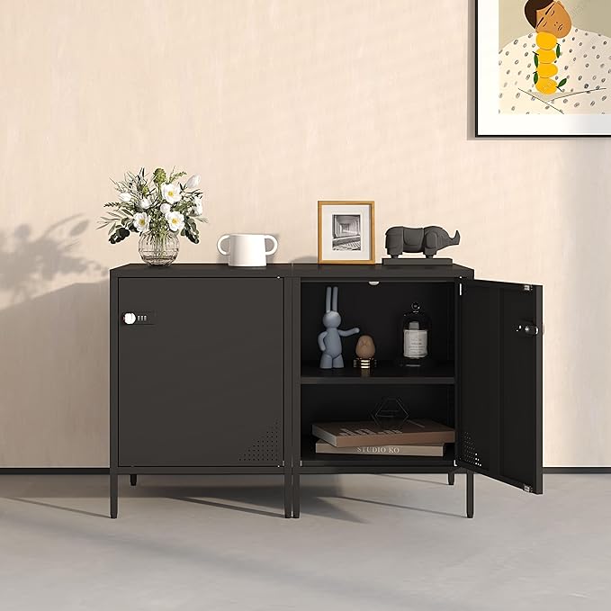 Metal Nightstand with Lockable Cabinet and Adjustable Shelf, Bedside Table with Digital Combination Lock, Secure Storage End Table for Bedroom Office Dorm (Black)