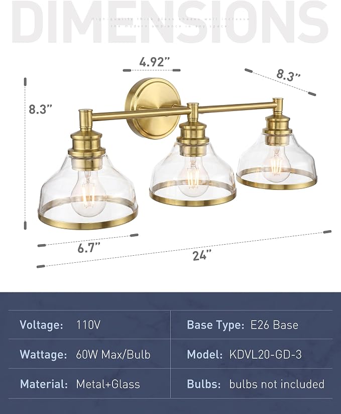 kudos 3-Light Brushed Gold Vanity Light, Clear Glass Shade | 24" bathroom light fixtures over mirror, upward or downward, E26 base, bulbs not included, Hardwired, KDVL20-GD-3