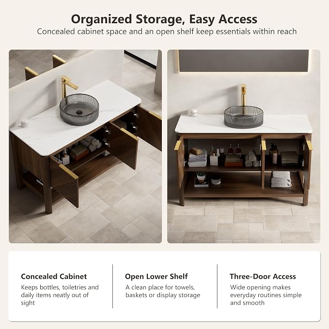 Yayzy 48 Inch Bathroom Vanity with Sink, Freestanding Dark Walnut Bathroom Cabinet, Smoky Gray Glass Vessel Sink, Carrara White Sintered Stone Countertop, Soft Close Doors, Open Storage Shelf