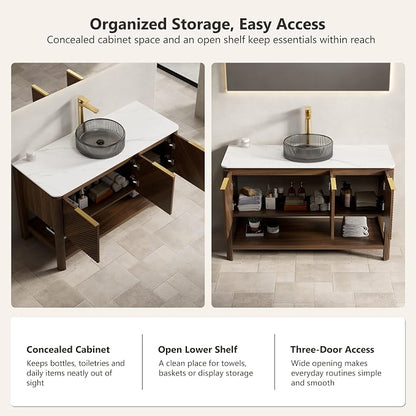 Yayzy 48 Inch Bathroom Vanity with Sink, Freestanding Dark Walnut Bathroom Cabinet, Smoky Gray Glass Vessel Sink, Carrara White Sintered Stone Countertop, Soft Close Doors, Open Storage Shelf