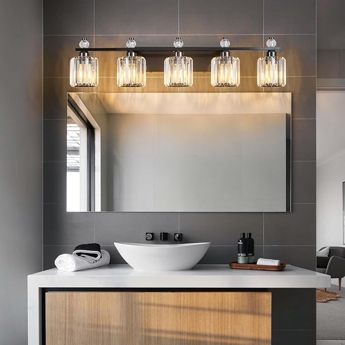 Bathroom Vanity Lights 5-Light Plating Black Modern Crystal Vanity Light Fixtures Over Mirror Crystal Bathroom Vanity Lighting Fixtures