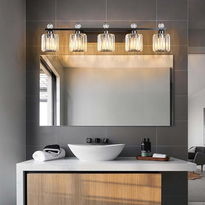 Bathroom Vanity Lights 5-Light Plating Black Modern Crystal Vanity Light Fixtures Over Mirror Crystal Bathroom Vanity Lighting Fixtures