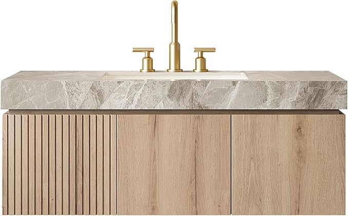 KEIKI 48 Inch Floating Bathroom Vanity with Sink, Modern Wall Mounted Storage Cabinet with Drawer, Pre-Assembled Waterproof Wood Panels, Sintered Stone Top & Ceramic Basin Combo Set, White Oak & Grey