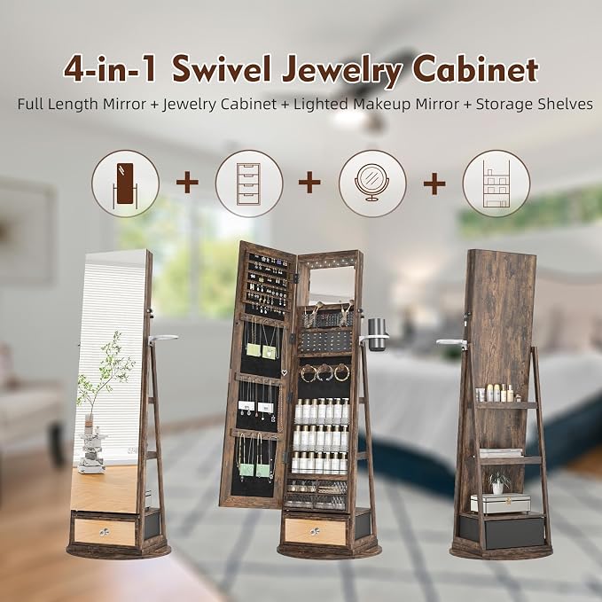 360° Swivel Jewelry Cabinet Standing Full-Length Jewelry Armoire | with Lights Standing Jewelry Armoire Organizer Foldable Makeup Shelf, Coffee