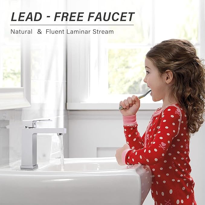 Solid Brass Chrome Bathroom Faucet, Bathroom Sink Faucet for 1 Hole,CEC & cUPC Certified Lead-Free Single Handle Vanity Faucet with Two Flexible Hoses(Hot and Cold) & Pop Up Drain Stopper