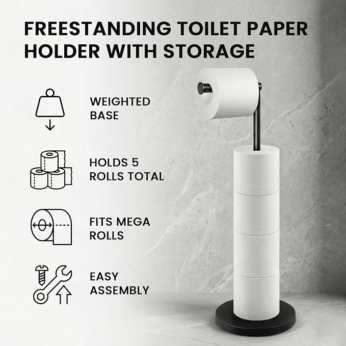 Cesun Free Standing Toilet Paper Holder Stand with Weighted Base, Black | SUS304 Rustproof Steel | Thick Non-Slip Base | Swivel Pivot Design | Slim Footprint | Holds 5 Rolls