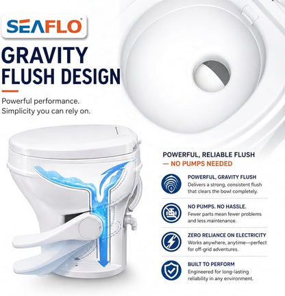 SEAFLO RV Toilet with Sprayer Attachment - White, 18.4” Residential Height, Gravity Flush Foot Pedal Camper Toilet Soft Close Seat Elongated Bowl Motorhome, 4-Year Warranty, SFRTPH-01-02