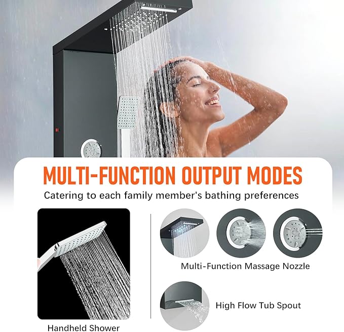 Fuz LED Shower Panel Tower System with Rainfall Waterfall Shower, Black Shower Tower with Jets and Rainfall and Handheld, 5 in 1 Stainless Steel Shower Column High Pressure with Tub Spout