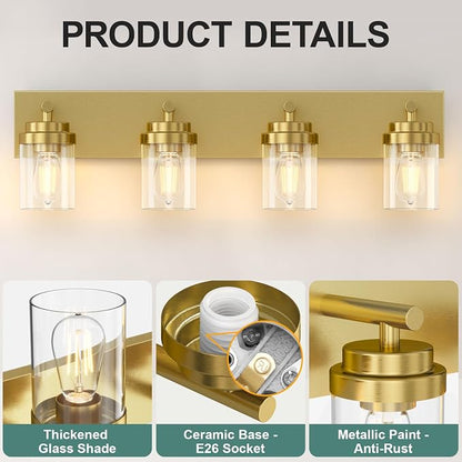 IZORRO Bathroom Vanity Light Fixture, 4-Light 30 Inch Gold Bathroom Light Fixtures Over Mirror, with Clear Glass Shade, Modern Farmhouse Vanity Lights, Rustic Restroom Lighting Fixtures