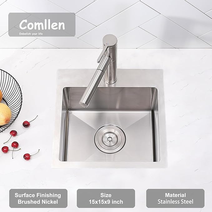 Comllen 15 x 15 inch Drop in Bar Sink, 18 Gauge Stainless Steel, 9 inch Deep, Brushed Nickel, Single Basin Small 15 Kitchen Sink for Outdoor Wet Bar Prep RV Yard Office Laundry Utility with Drainer