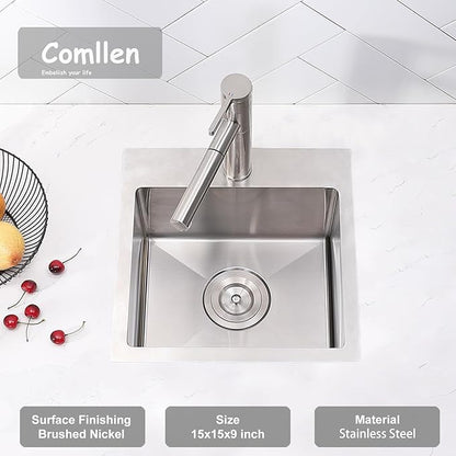 Comllen 15 x 15 inch Drop in Bar Sink, 18 Gauge Stainless Steel, 9 inch Deep, Brushed Nickel, Single Basin Small 15 Kitchen Sink for Outdoor Wet Bar Prep RV Yard Office Laundry Utility with Drainer