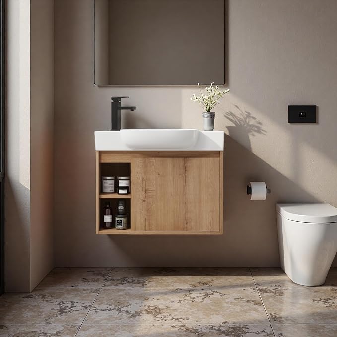 26" Bathroom Vanity with Sink, Farmhouse Cabinet, Natural Oak | Curved Sink Ceramic, Soft-Close Door, Interior Compartment and 2-Tier Open Side Shelves, 45° Inclined Edge Handle