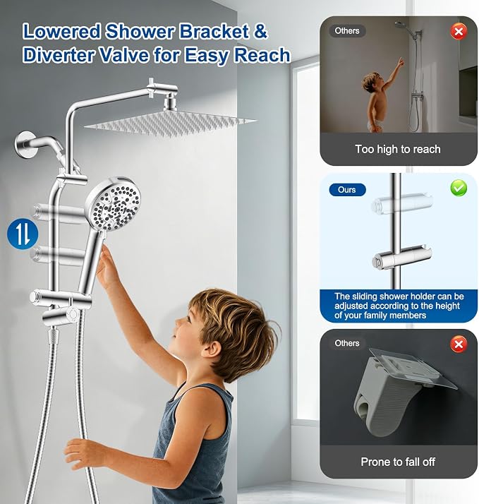 Metal 12" Rain Showerhead with 10-Spray Handheld, Easy Reach 4-way Diverter | NSF/ANSI/CAN 372 Certified, Chrome, High Pressure Shower Head with Pause Mode, 71" Stainless Steel Hose/12" Extension Arm