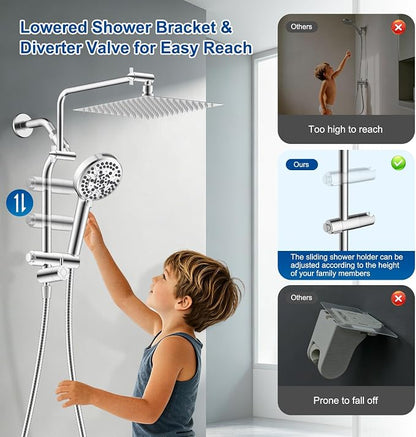 Metal 12" Rain Showerhead with 10-Spray Handheld, Easy Reach 4-way Diverter | NSF/ANSI/CAN 372 Certified, Chrome, High Pressure Shower Head with Pause Mode, 71" Stainless Steel Hose/12" Extension Arm