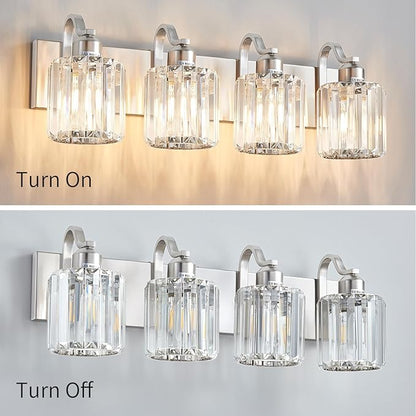 4 Lights Brushed Nickel Vanity Light Crystal Wall Light Bathroom Light Fixtures with Round Shade (Exclude Bulb)
