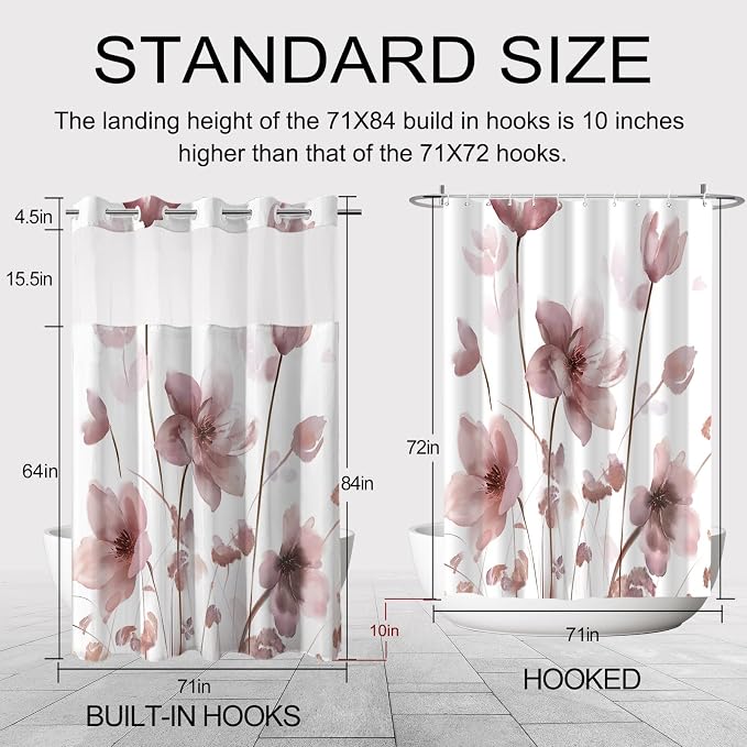 No Hook Shower Curtain and Liner Set, Red Boho Floral 71x84 | Watercolor Boho Flower, with Snap in Liner, Waterproof, Machine Washable, Quick-Drying, for Hotel Bathroom