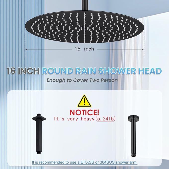 16 inch Matte Black Round Ceiling Rainfall Shower Head, All Metal Stainless Steel 304, Full Body Rainfall Shower with 230 Silicone Nozzles