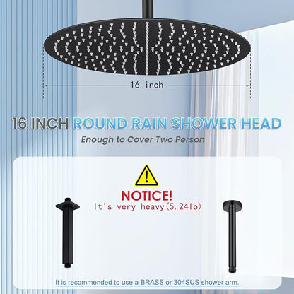 16 inch Matte Black Round Ceiling Rainfall Shower Head, All Metal Stainless Steel 304, Full Body Rainfall Shower with 230 Silicone Nozzles