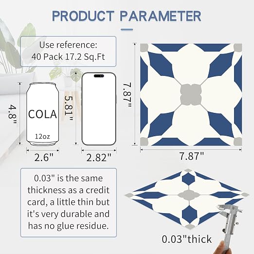 MORCART 40PCS 7.87" x 7.87" Peel and Stick Floor Tile, Blue | Self-Adhesive DIY Vinyl Flooring, Removable and Waterproof Tile Sticker for Bathroom, Kitchen, Wall, Bedroom, Stairs