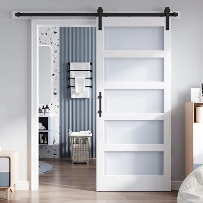 38x80 Inch Glass Sliding Barn Door Slab and 6.6ft Hardware Kit Included, 5 Frosted Glass, LVL Wood Panel Covered with White Water-Proof Scratch-Proof PVC Surface, Simple DIY Assembly