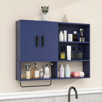 Bathroom Wall Cabinet with Towel Bar & 2 Doors, Blue | Wall mounted cabinet for bathroom, over the toilet storage with multiple compartments organize toiletries, cosmetics