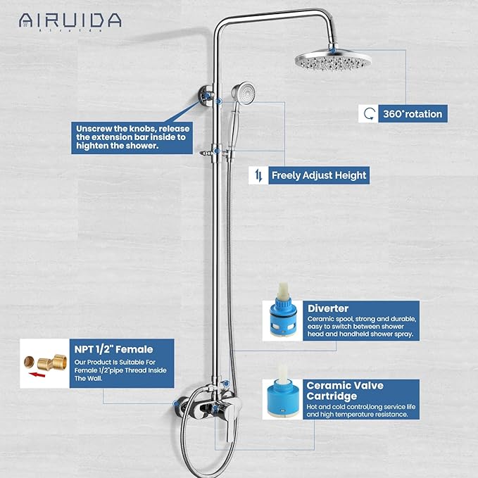 Airuida Exposed Shower System, 8 Inch Rainfall Shower Head with Handheld Spray, Single Handle Wall Mount Shower Faucet Set, Solid Brass Dual Function Exposed Pipe Fixture for Bathroom,Chrome Polish