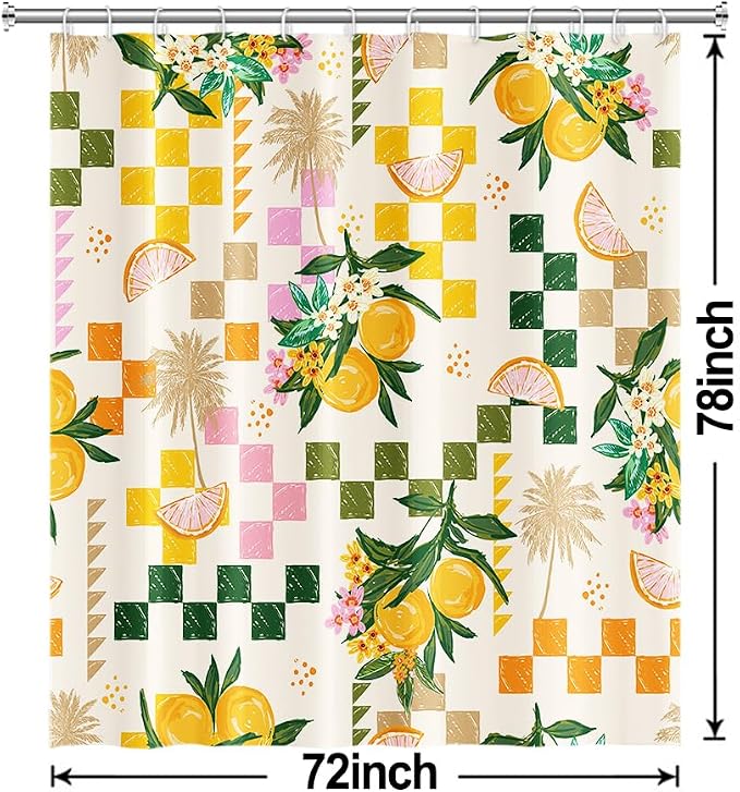 Yellow Lemon Shower Curtain with Hooks for Bathroom 72x78 Inch | Waterproof Summer Green and Pink Citru Fruits Shower Curtain Set, Soft Bathroom Decor, Machine Washable